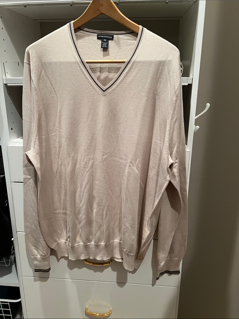 Club Monaco Men's V-Neck Sweater in Beige with Contrast Trim